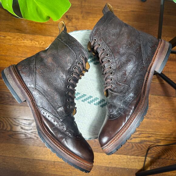 VTG Stacy Adams Tooled Leather Brogue Boots Men 7D Wmn 8.5 Paisley Floral 90s - Picture 5 of 15